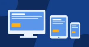 Ilustracja: strona internetowa na monitorze, tablecie i telefonie