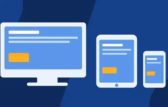 Ilustracja: strona internetowa na monitorze, tablecie i telefonie